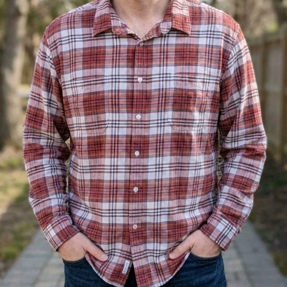 Dockers Mens XXL Rust Red Classic Plaid Long Sleeve Button Shirt Cotton Pockets